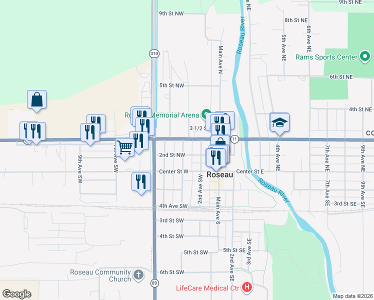 map of restaurants, bars, coffee shops, grocery stores, and more near 219 2nd Street Northwest in Roseau