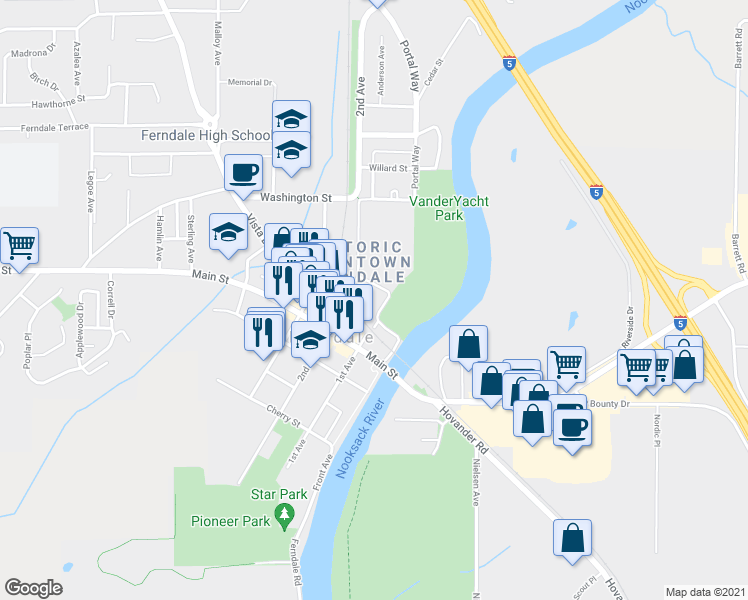 map of restaurants, bars, coffee shops, grocery stores, and more near 5697 Bass Dr in Ferndale