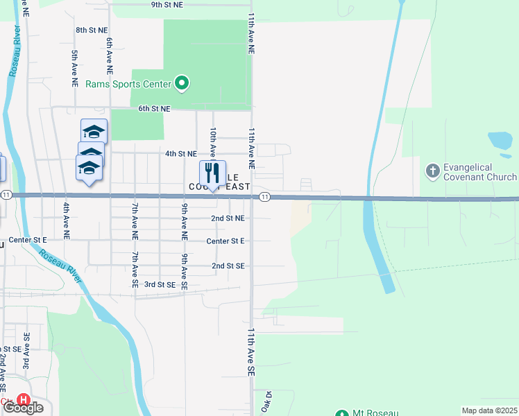 map of restaurants, bars, coffee shops, grocery stores, and more near 1104 3rd Street Northeast in Roseau