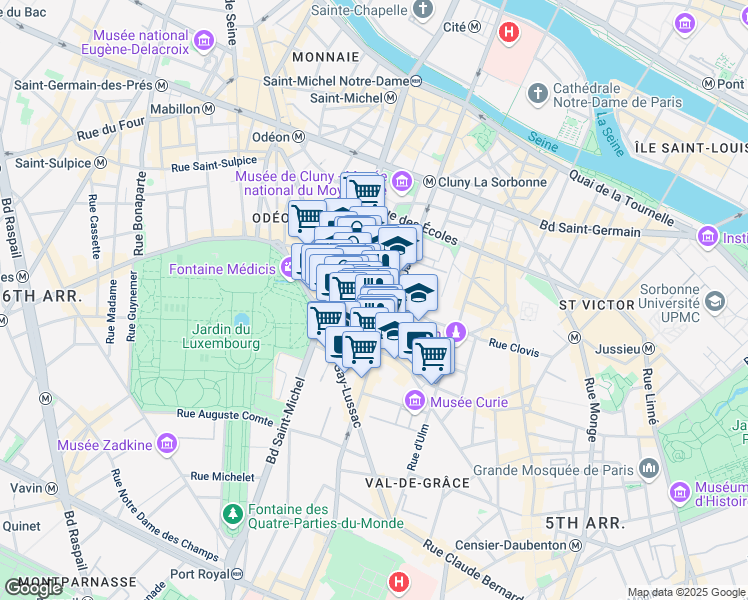 map of restaurants, bars, coffee shops, grocery stores, and more near 11 Rue Cujas in Paris