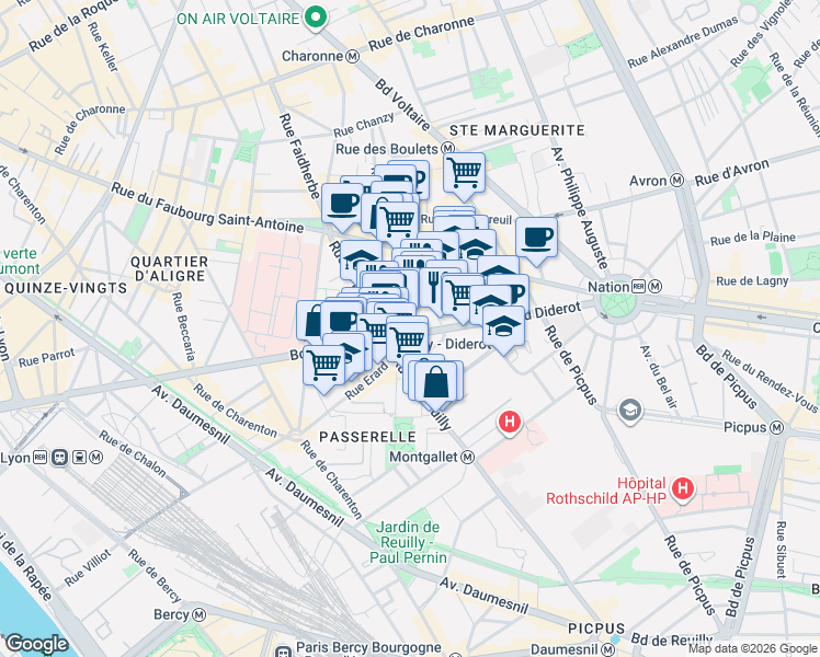 map of restaurants, bars, coffee shops, grocery stores, and more near 85 Boulevard Diderot in Paris