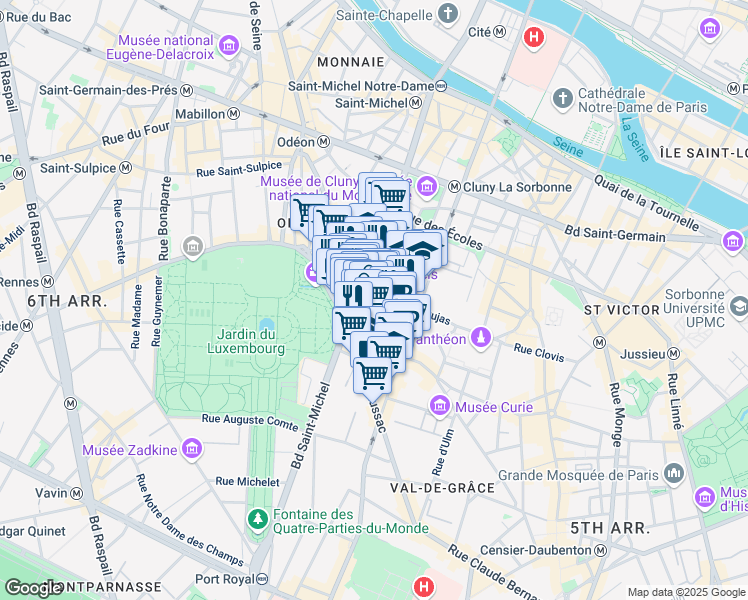 map of restaurants, bars, coffee shops, grocery stores, and more near 23 Rue Cujas in Paris