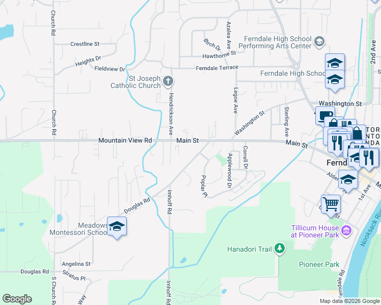 map of restaurants, bars, coffee shops, grocery stores, and more near 2264 Douglas Road in Ferndale