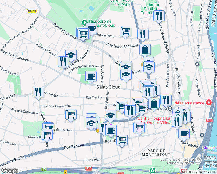 map of restaurants, bars, coffee shops, grocery stores, and more near in Saint-Cloud