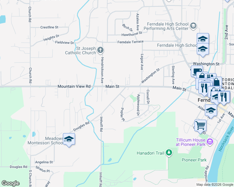 map of restaurants, bars, coffee shops, grocery stores, and more near 2256 Douglas Road in Ferndale