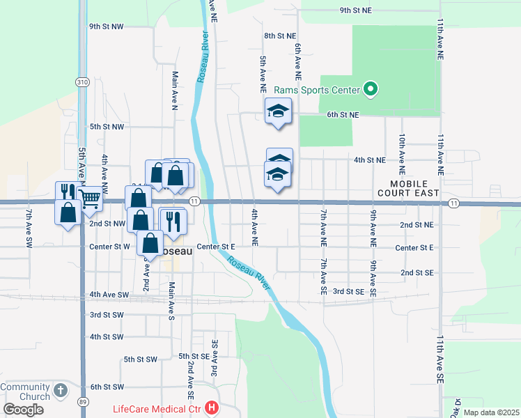 map of restaurants, bars, coffee shops, grocery stores, and more near 404 3rd Street Northeast in Roseau