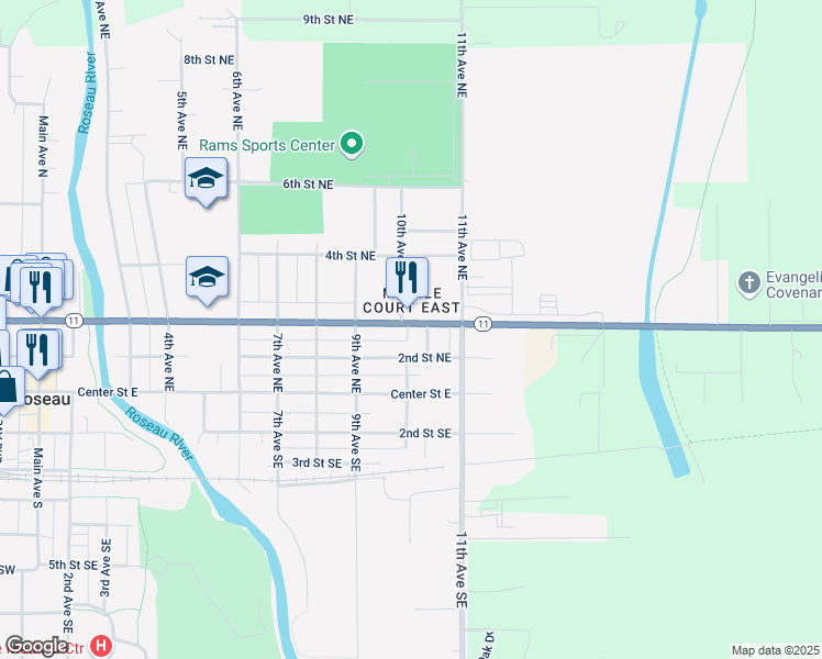 map of restaurants, bars, coffee shops, grocery stores, and more near 1002 3rd Street Northeast in Roseau