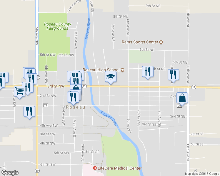 map of restaurants, bars, coffee shops, grocery stores, and more near 404 3rd Street Northeast in Roseau