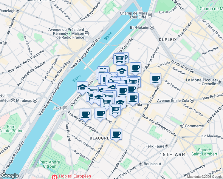 map of restaurants, bars, coffee shops, grocery stores, and more near Rue Linois in Paris
