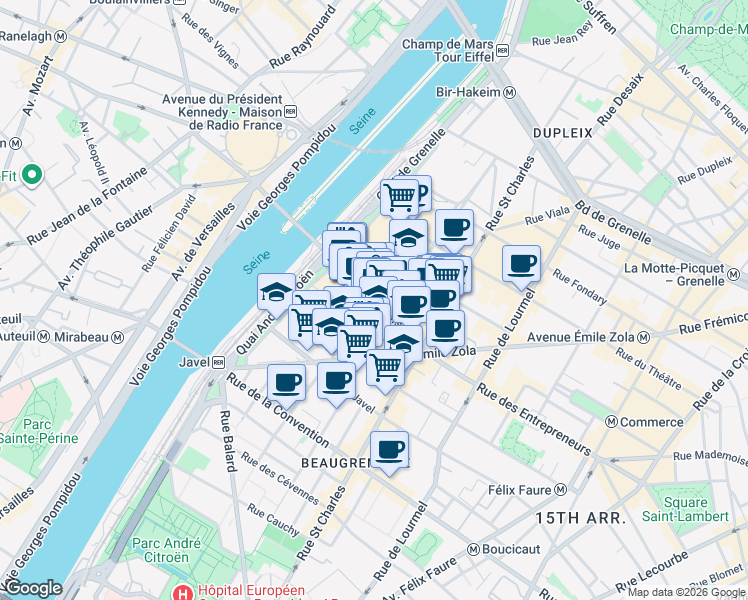 map of restaurants, bars, coffee shops, grocery stores, and more near Rue Linois in Paris