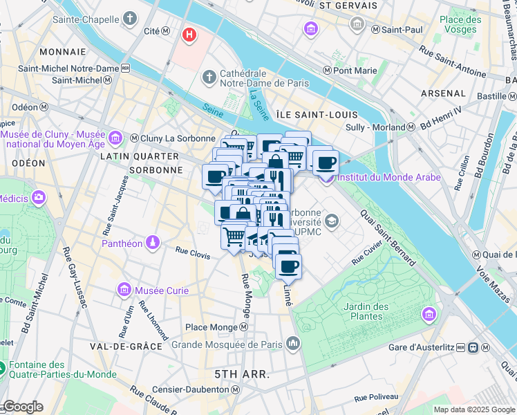map of restaurants, bars, coffee shops, grocery stores, and more near 28 Rue du Cardinal Lemoine in Paris