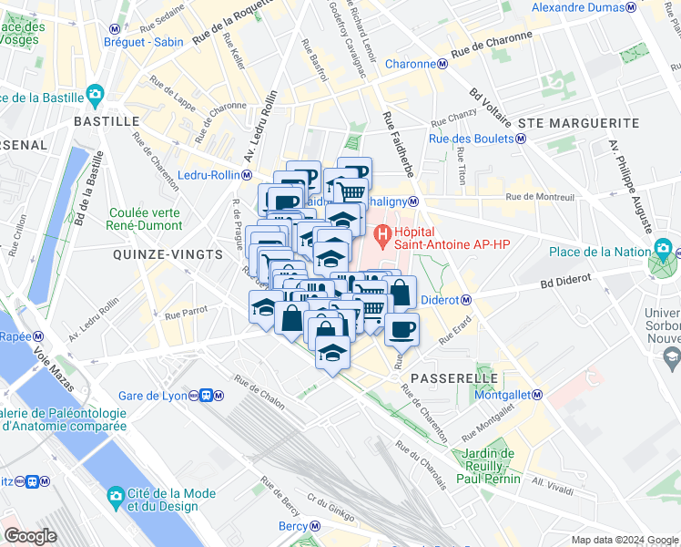 map of restaurants, bars, coffee shops, grocery stores, and more near Rue de Cîteaux in Paris