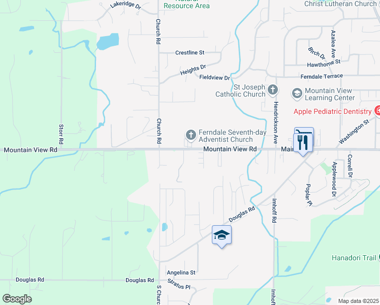 map of restaurants, bars, coffee shops, grocery stores, and more near 5674 Meadow View Court in Ferndale