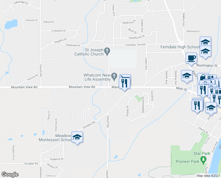 map of restaurants, bars, coffee shops, grocery stores, and more near 5663 Eagle Parkway in Ferndale