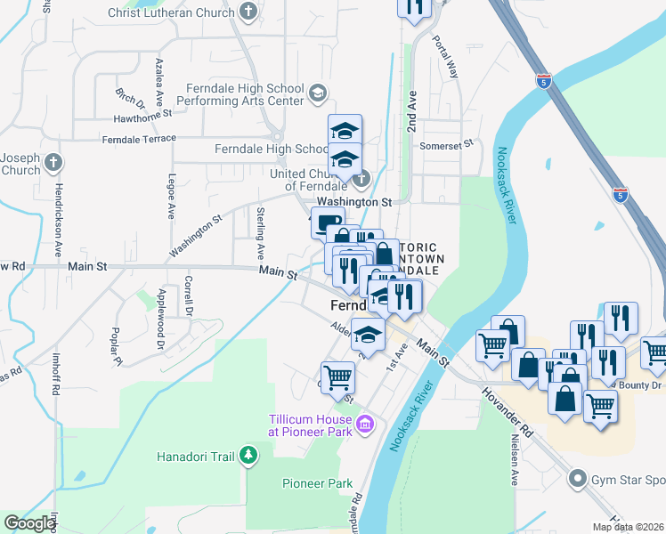 map of restaurants, bars, coffee shops, grocery stores, and more near 2075 Vista Drive in Ferndale