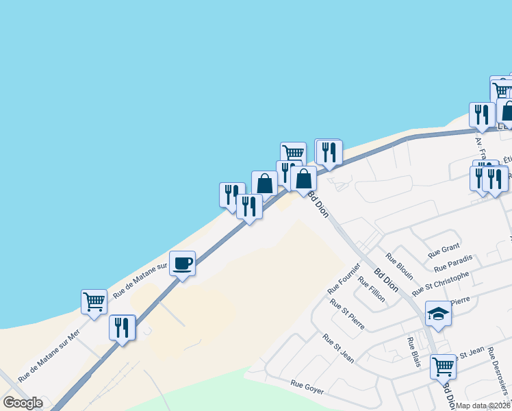 map of restaurants, bars, coffee shops, grocery stores, and more near 1020 Avenue du Phare Ouest in Matane
