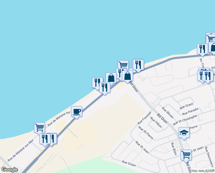 map of restaurants, bars, coffee shops, grocery stores, and more near 1020 Avenue du Phare Ouest in Matane