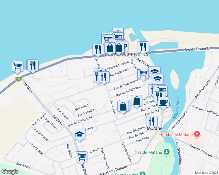 map of restaurants, bars, coffee shops, grocery stores, and more near 179 Avenue Fraser in Matane