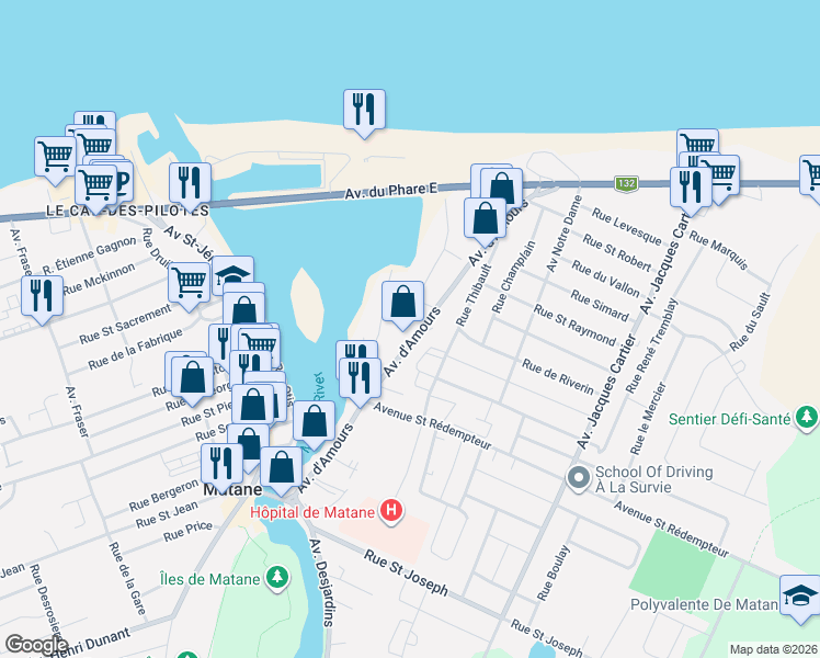 map of restaurants, bars, coffee shops, grocery stores, and more near 256 Avenue d'Amours in Matane