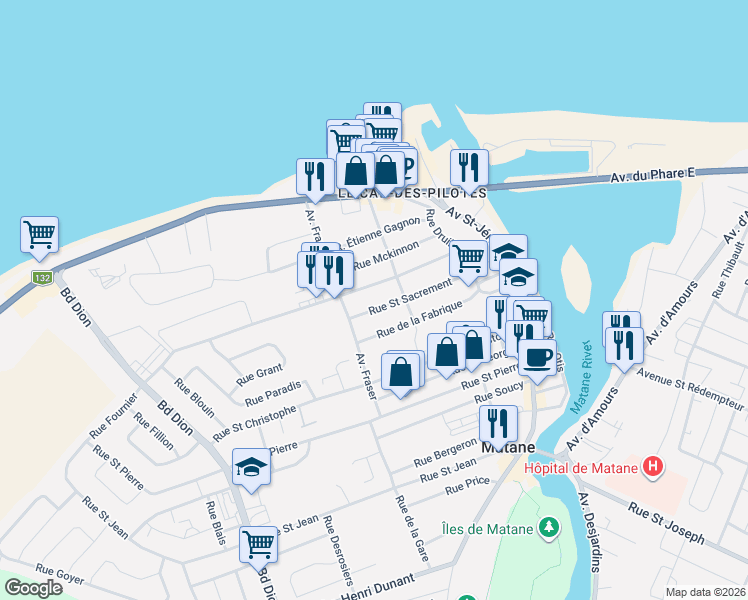 map of restaurants, bars, coffee shops, grocery stores, and more near 258 Rue Saint Sacrement in Matane