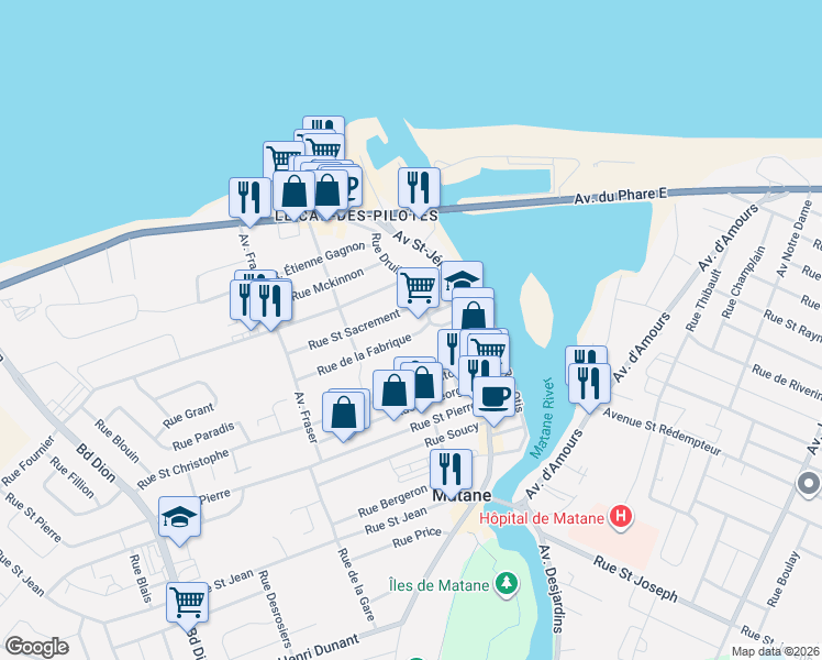 map of restaurants, bars, coffee shops, grocery stores, and more near 126 Rue de la Fabrique in Matane