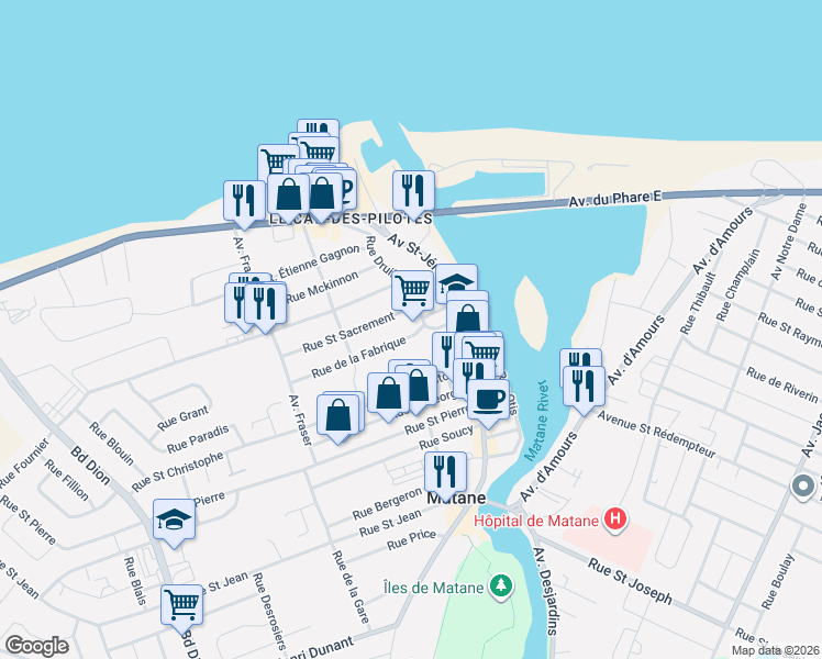 map of restaurants, bars, coffee shops, grocery stores, and more near 126 Rue de la Fabrique in Matane