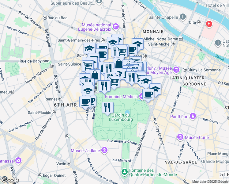 map of restaurants, bars, coffee shops, grocery stores, and more near in Paris