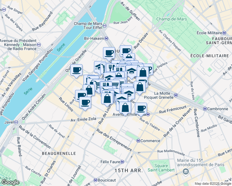 map of restaurants, bars, coffee shops, grocery stores, and more near 28 Rue de Lourmel in Paris