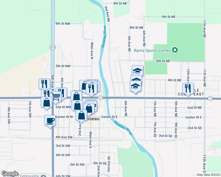 map of restaurants, bars, coffee shops, grocery stores, and more near 315 3rd Avenue Northeast in Roseau