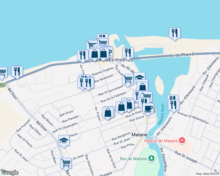 map of restaurants, bars, coffee shops, grocery stores, and more near 180 Rue J.-Octave-Lebel in Matane