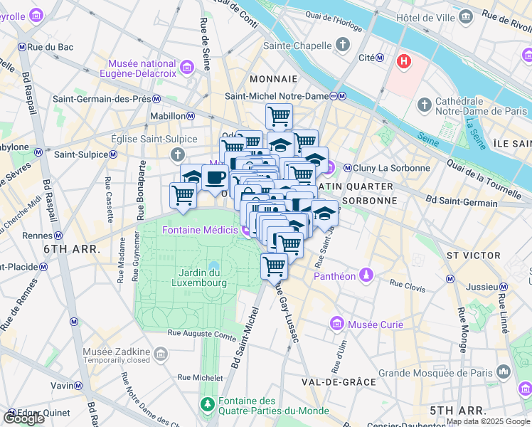 map of restaurants, bars, coffee shops, grocery stores, and more near 38 Rue Monsieur-le-Prince in Paris
