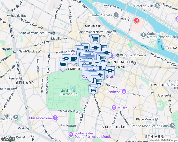 map of restaurants, bars, coffee shops, grocery stores, and more near 4 Rue de Vaugirard in Paris