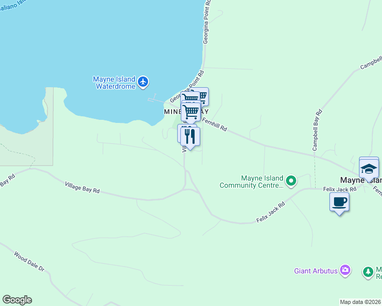 map of restaurants, bars, coffee shops, grocery stores, and more near 454 Village Bay Road in Mayne Island