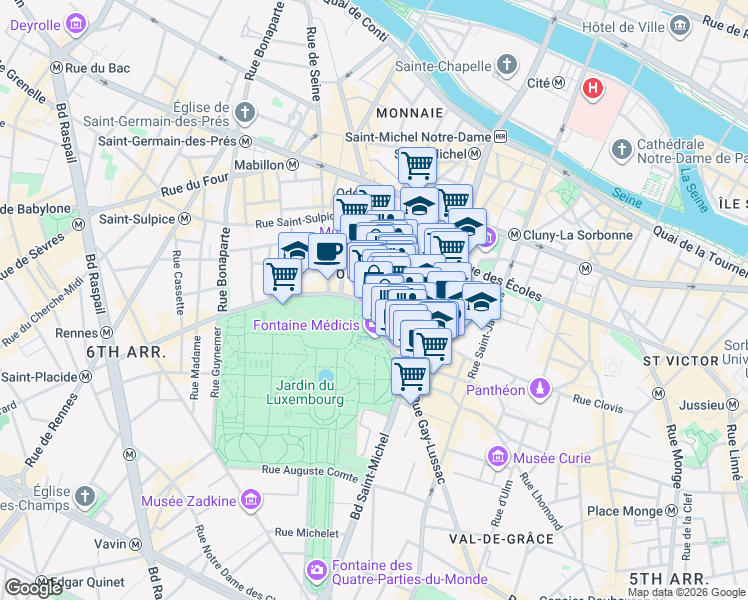 map of restaurants, bars, coffee shops, grocery stores, and more near 16 Rue de Vaugirard in Paris