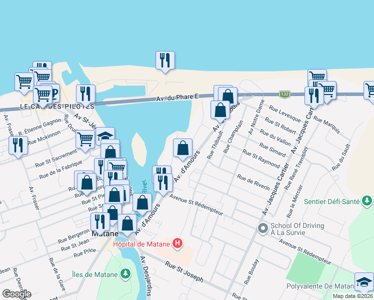 map of restaurants, bars, coffee shops, grocery stores, and more near 95 Rue de l'Île in Matane