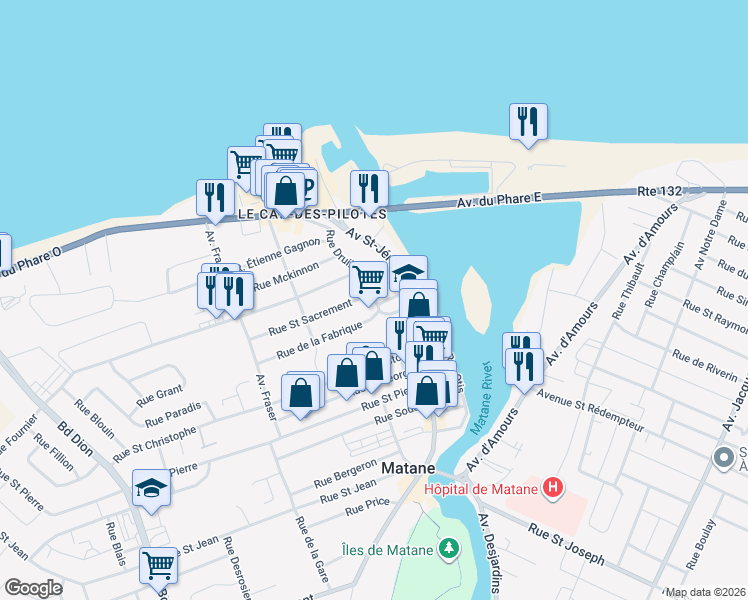 map of restaurants, bars, coffee shops, grocery stores, and more near 203 Rue Druillettes in Matane