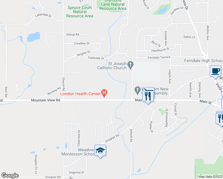 map of restaurants, bars, coffee shops, grocery stores, and more near 2348 Main Street in Ferndale