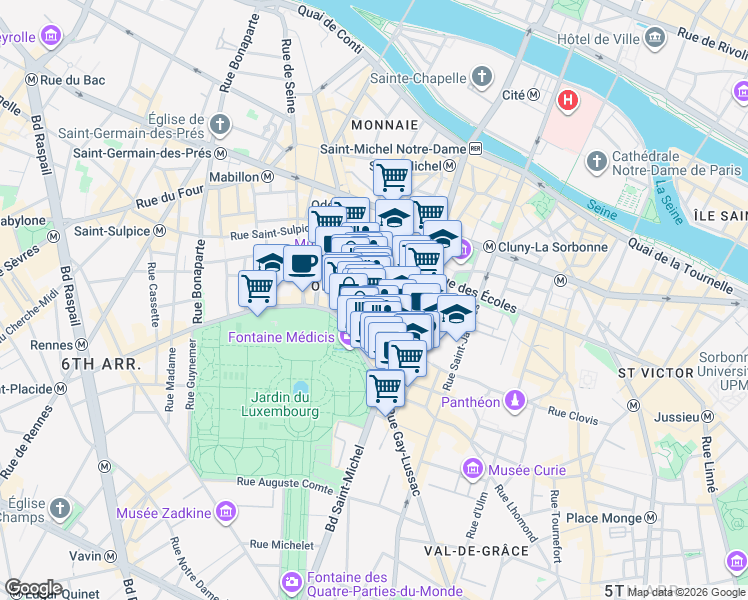 map of restaurants, bars, coffee shops, grocery stores, and more near 47 Rue Monsieur-le-Prince in Paris