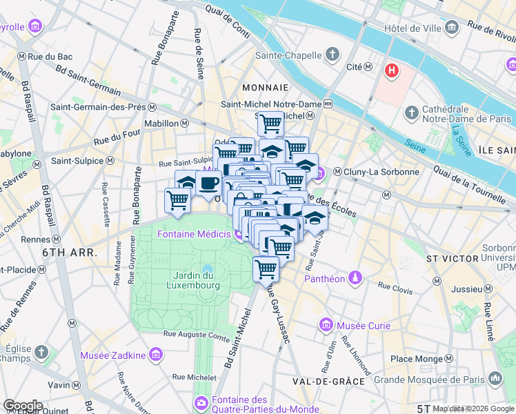 map of restaurants, bars, coffee shops, grocery stores, and more near 45 Rue Monsieur-le-Prince in Paris