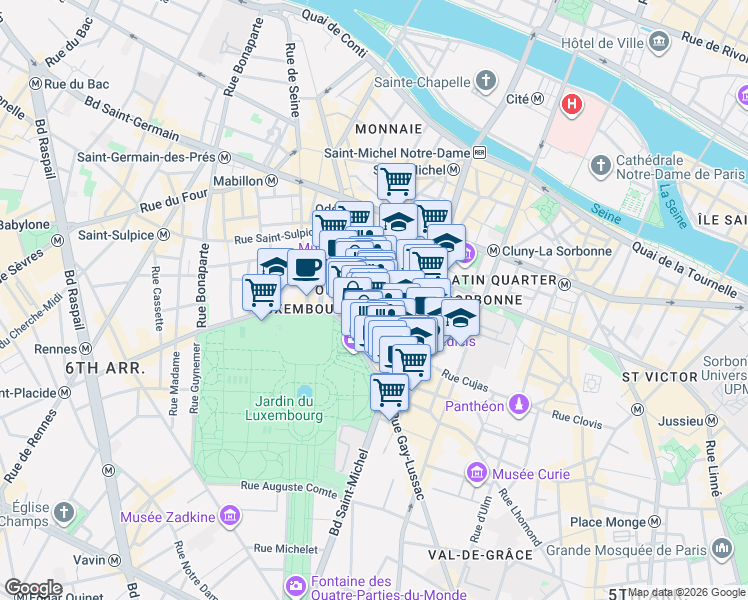 map of restaurants, bars, coffee shops, grocery stores, and more near 4 Rue de Vaugirard in Paris
