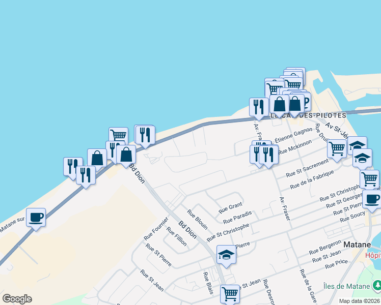 map of restaurants, bars, coffee shops, grocery stores, and more near 310 Rue William Russell in Matane