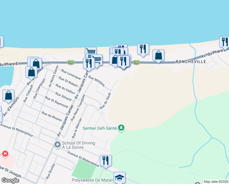 map of restaurants, bars, coffee shops, grocery stores, and more near 211 Rue du Sault in Matane