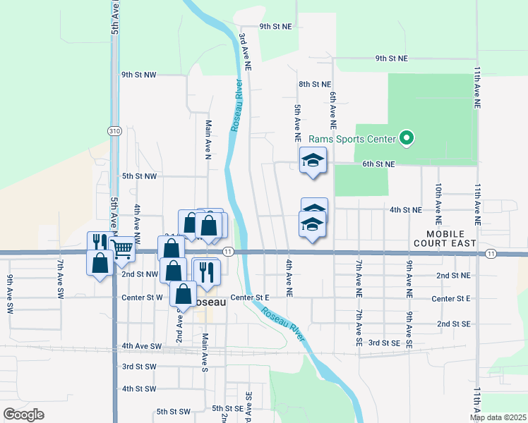 map of restaurants, bars, coffee shops, grocery stores, and more near 315 3rd Avenue Northeast in Roseau