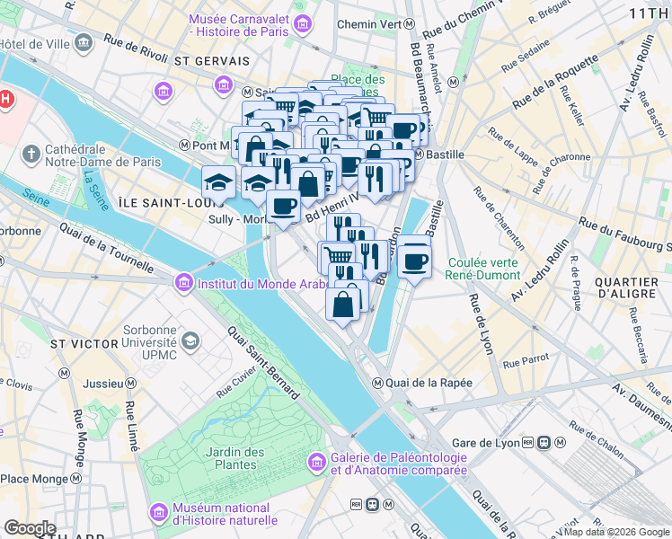map of restaurants, bars, coffee shops, grocery stores, and more near 2 Rue de Sully in Paris