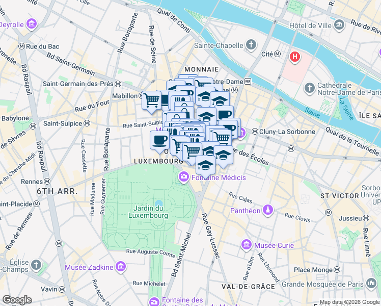 map of restaurants, bars, coffee shops, grocery stores, and more near 22 Rue Monsieur-le-Prince in Paris