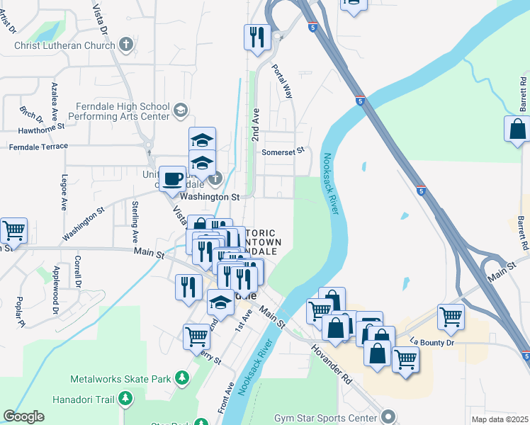 map of restaurants, bars, coffee shops, grocery stores, and more near 1976 Washington Street in Ferndale