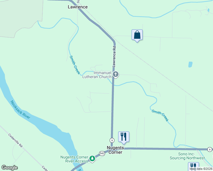 map of restaurants, bars, coffee shops, grocery stores, and more near 5785 Lawrence Road in Everson