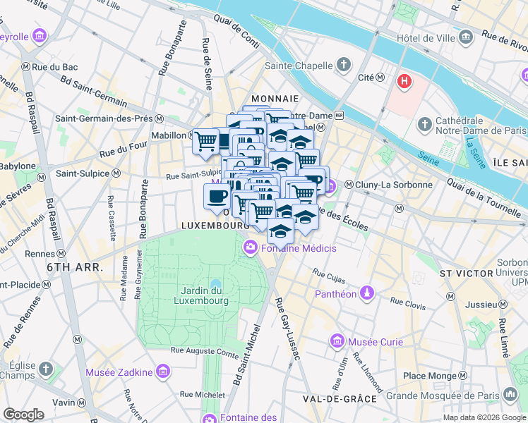 map of restaurants, bars, coffee shops, grocery stores, and more near 39 Rue Monsieur-le-Prince in Paris
