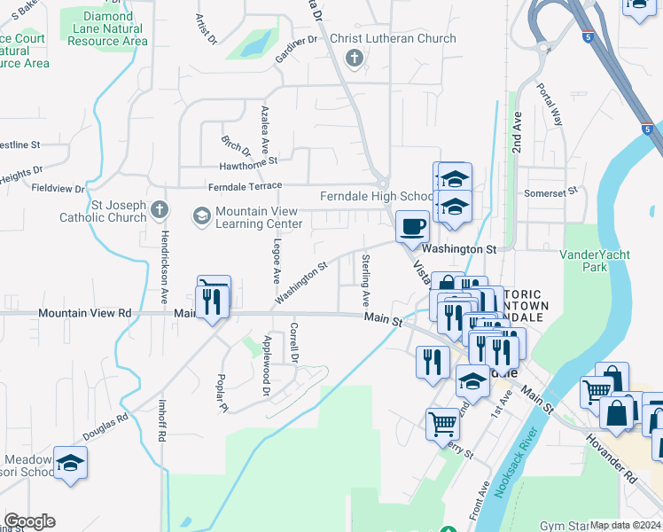 map of restaurants, bars, coffee shops, grocery stores, and more near 2138 Washington Street in Ferndale