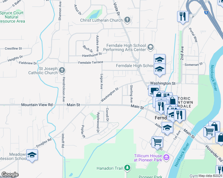 map of restaurants, bars, coffee shops, grocery stores, and more near 2160 Washington Street in Ferndale